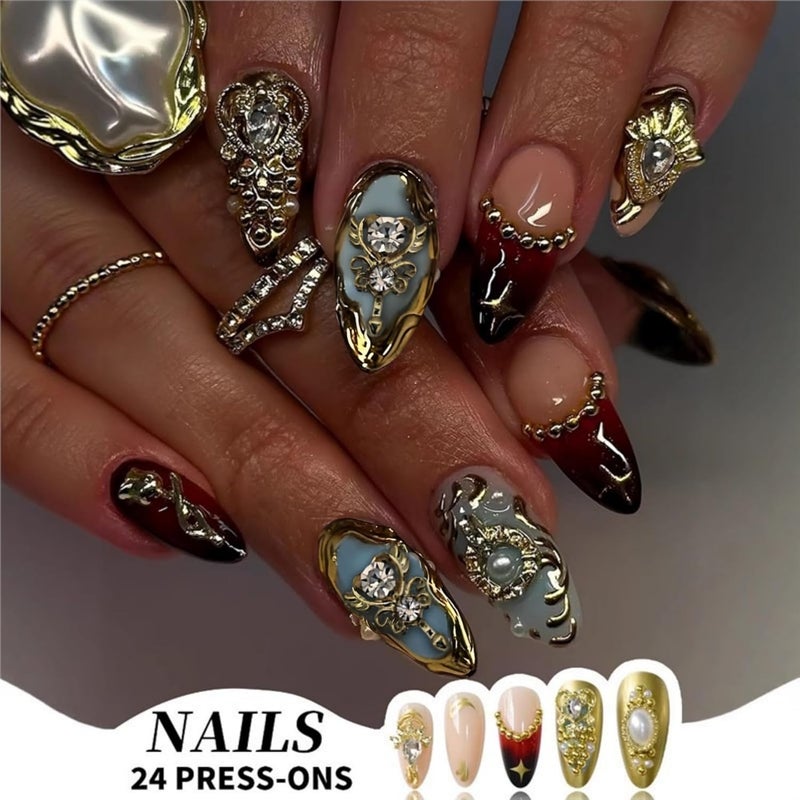 SEENEEY Almond Press on Nails Medium Fake Nails Gold Artificial Nail with Rhinestones and Gold Charm Designs French Tip Sparkly Stick on Nail for Women 24pcs - Image 2